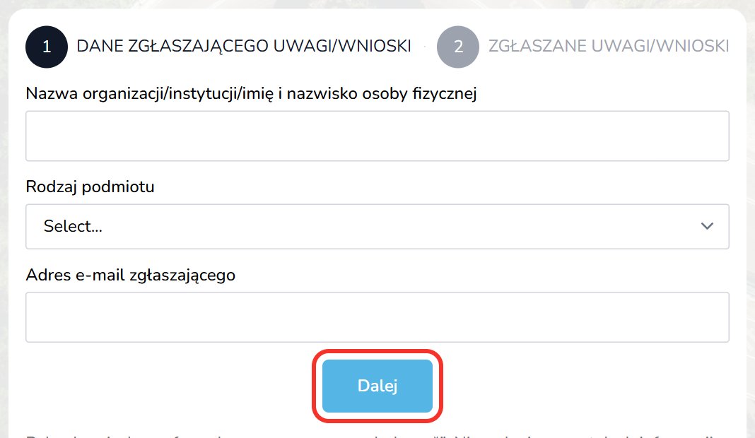 Zrzut ekranu: etap 1 formularza z polami Nazwa organizacji/imię i nazwisko, Rodzaj podmiotu, Adres e-mail oraz zaznaczonym przyciskiem Dalej.
