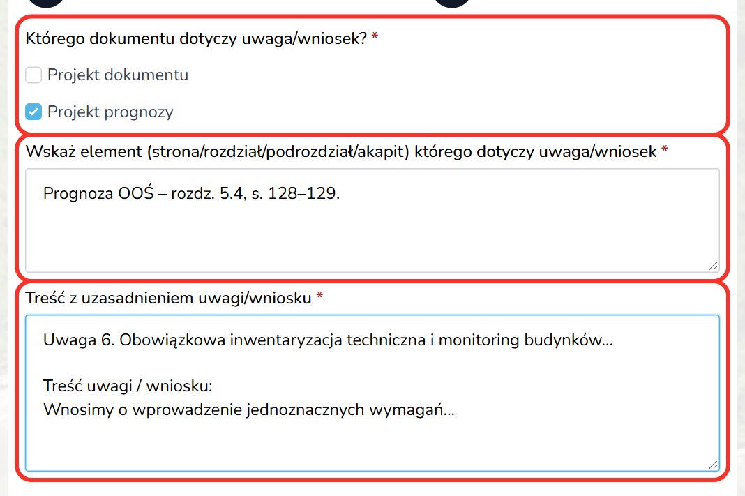 Zrzut ekranu: etap 2 formularza z zaznaczonymi polami Którego dokumentu dotyczy uwaga, Wskaż element oraz Treść z uzasadnieniem, wypełnionymi przykładowym tekstem.