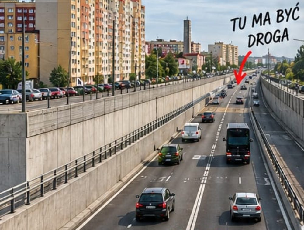 Ilustracja: kilkupasmowa droga w betonowym wykopie z murami oporowymi, tuż obok bloków mieszkalnych.