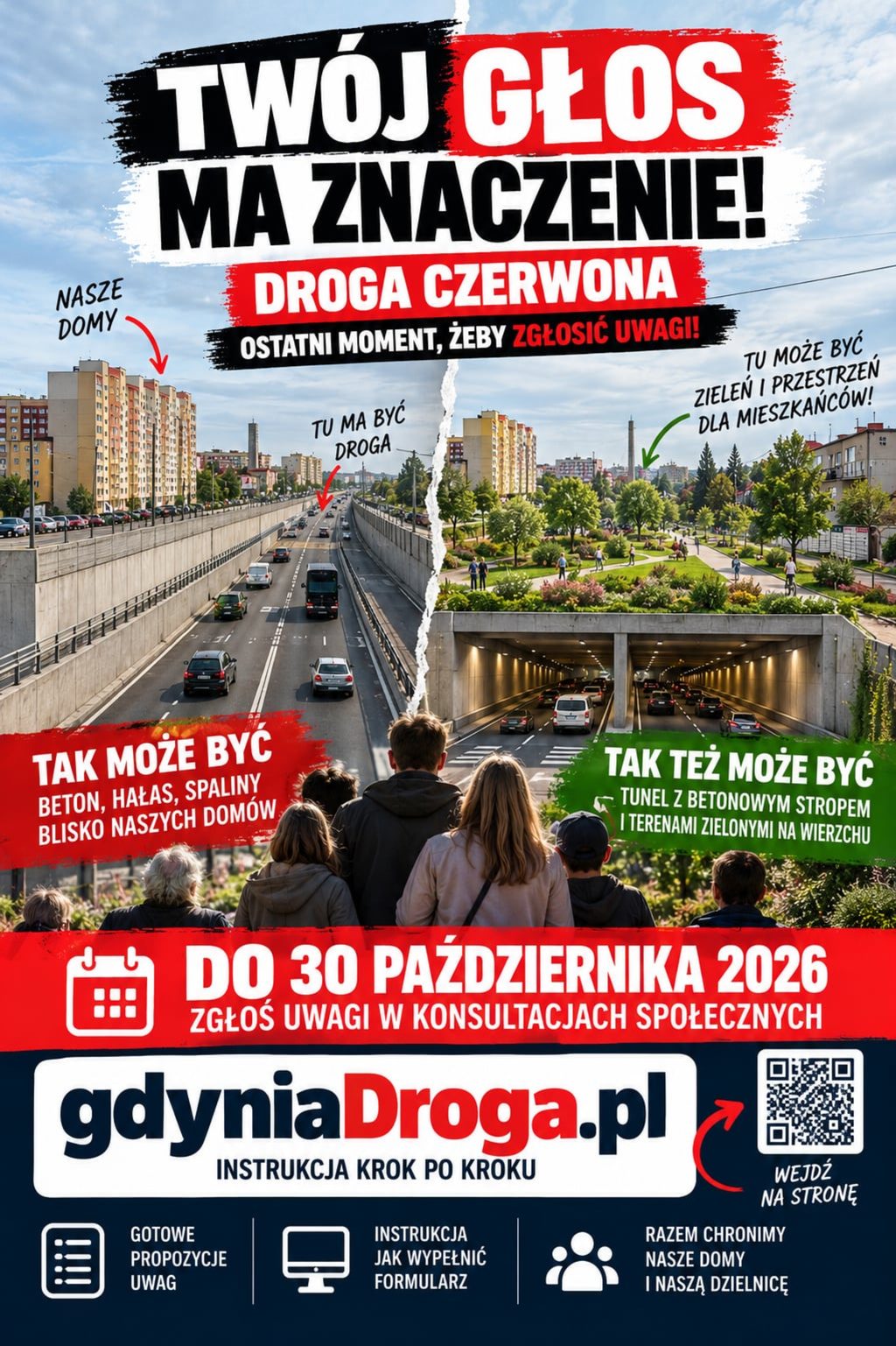 Plakat kampanii: Twój głos ma znaczenie! Droga Czerwona – ostatni moment, żeby zgłosić uwagi. Do 30 października 2026.